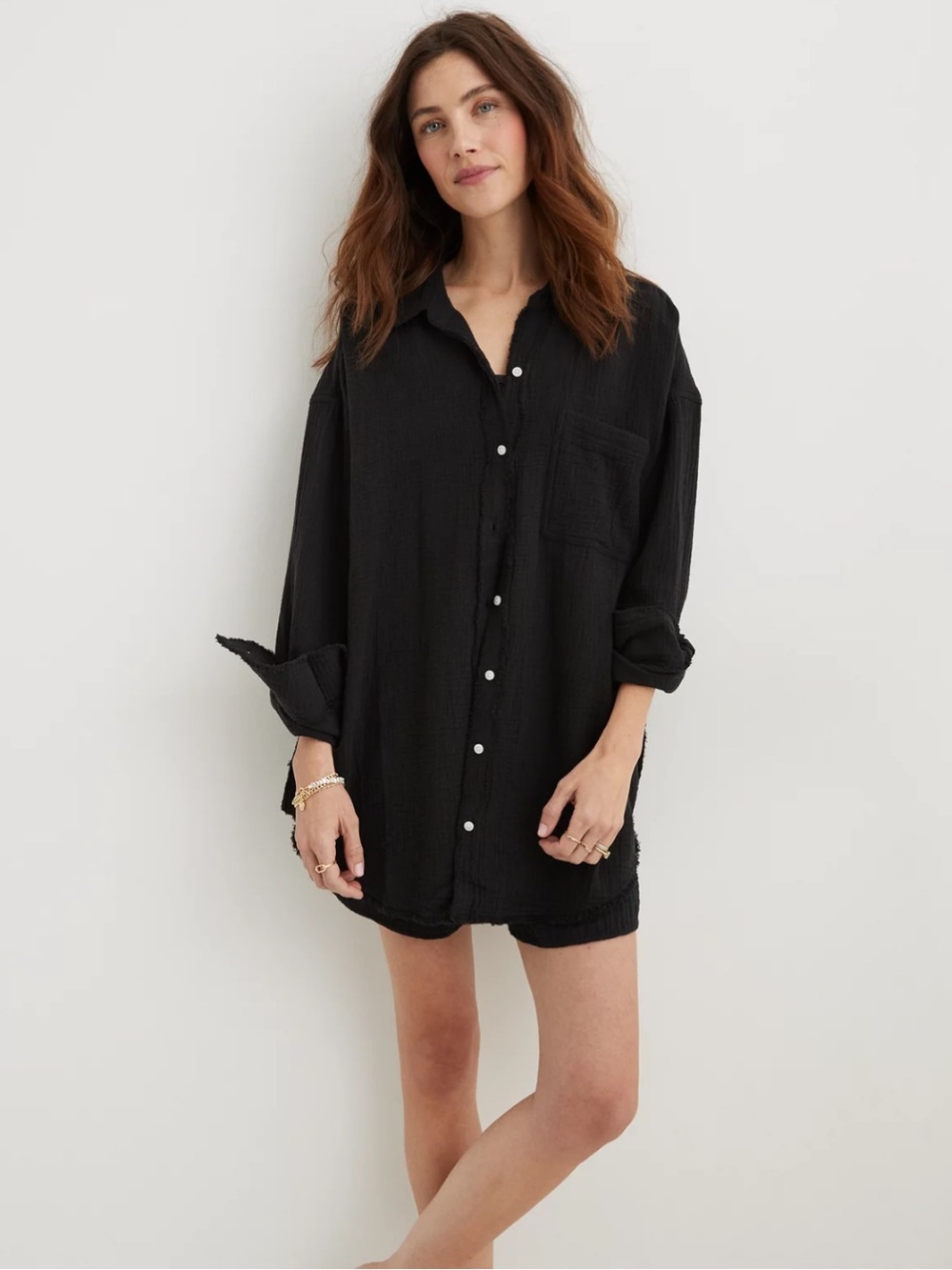 Aerie gauzy charcoal black textured oversized shirt.  Bohemian. Lagenlook. L